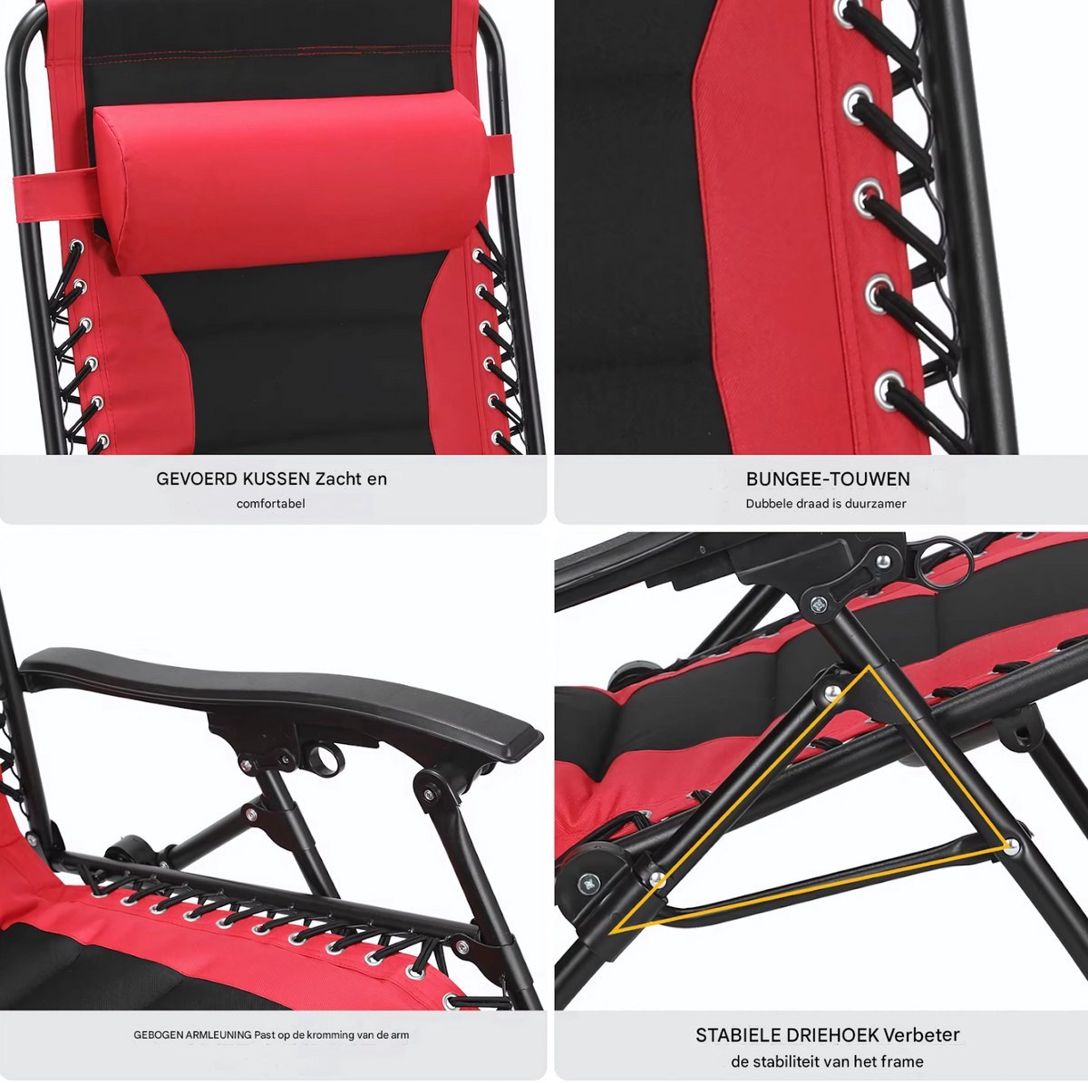 Gewatteerde Zero Gravity Lounge Chair Valora - Tuinstoel - Ligbed - Voor Terras & Tuin - Opvouwbare Fauteuil met Verstelbare Hoofdsteun en Bekerhouder - Ondersteunt Tot 160 kg - 2 stuks - Rood