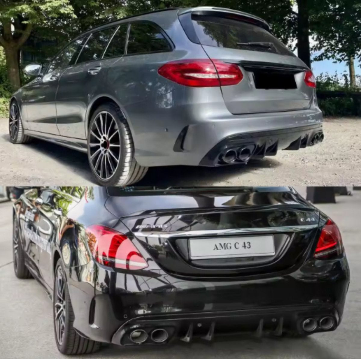 Achterdiffuser - Voor Mercedes C-Klasse W205 Sedan AMG C43 (2014-2021) - Zwart - Ronde Uitlaat Tips - Auto Accessoires