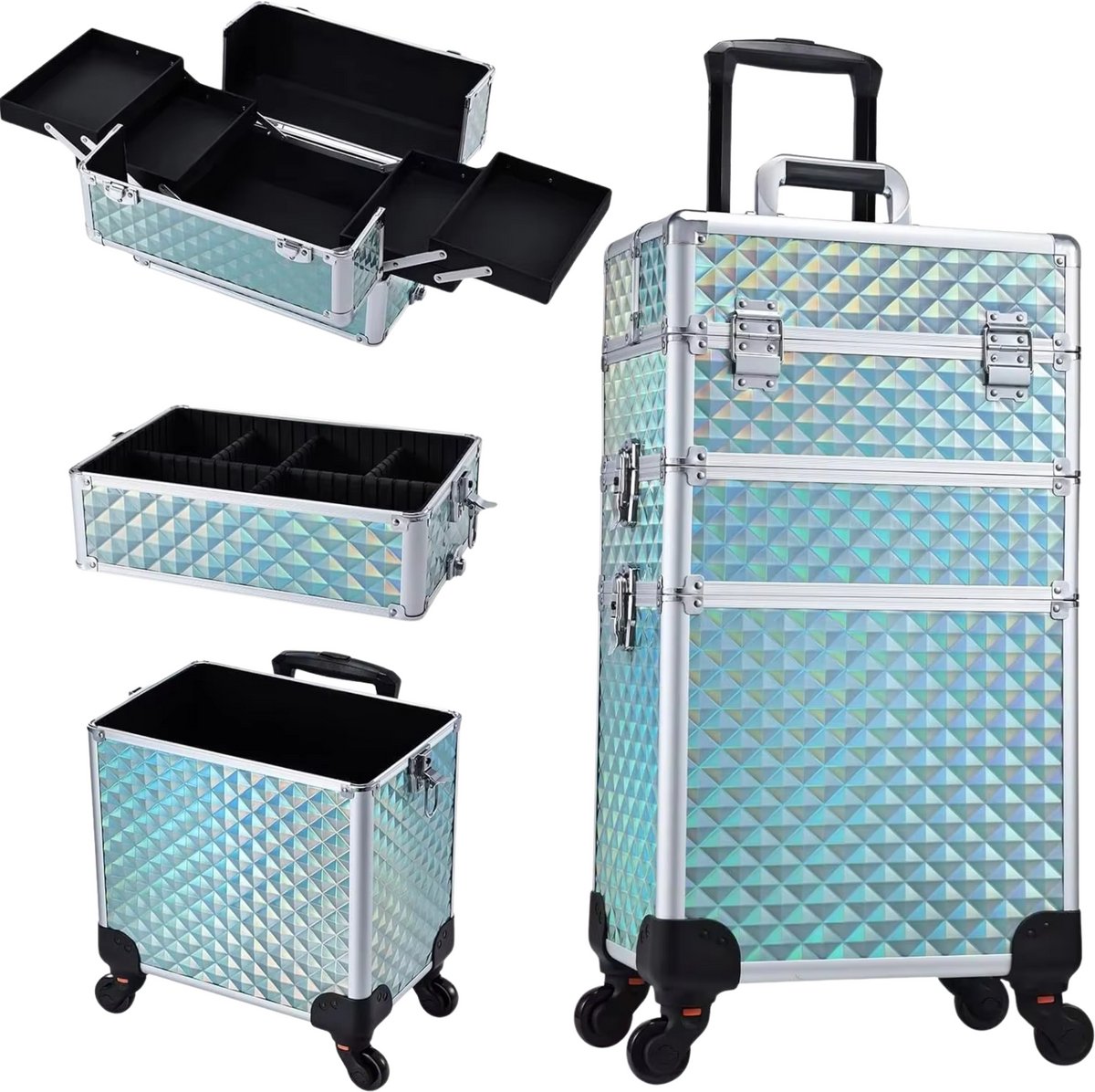 3-in-1 Rollende Make-up Trolley - Make up koffer - Kappers koffer - Beautycase - Voor Schoonheidssalons en visagie - Blauw