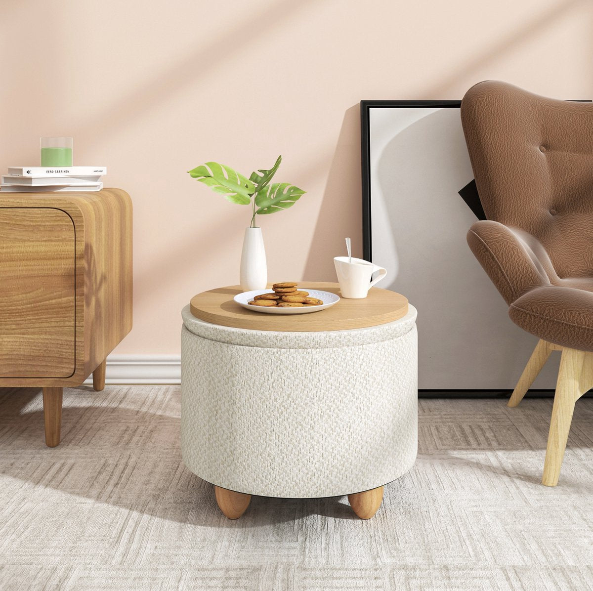 Ronde Poef - Creme - Stof - Met opbergruimte - 39x39x33cm