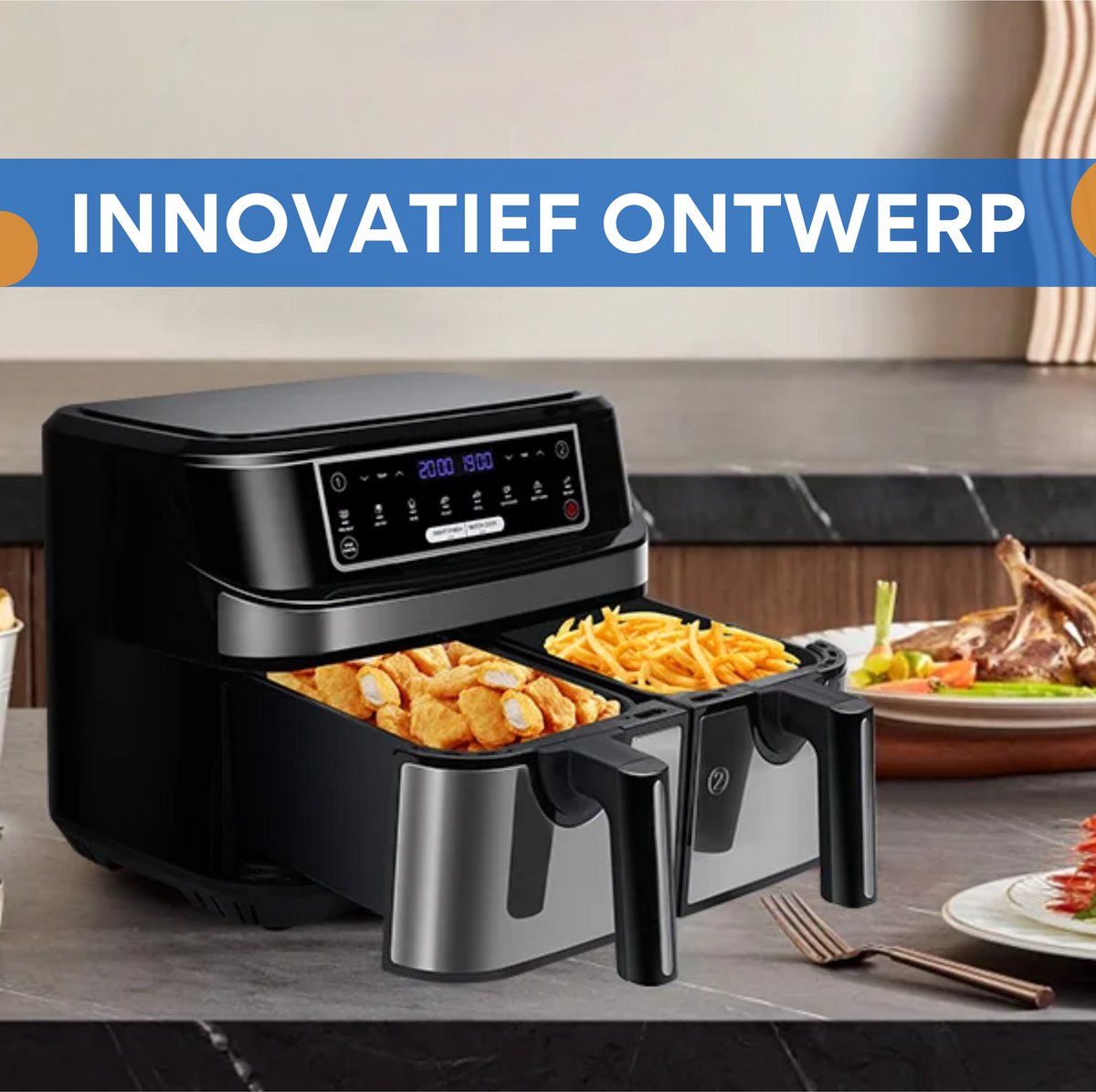 Mini oven - Grill rooster - Bakplaat - Airfryer - Voor Gezinsmaaltijden en Efficiënt Koken - 6-in-1 Slim Design met Dubbele Manden - 10 QT, Ruimtebesparend