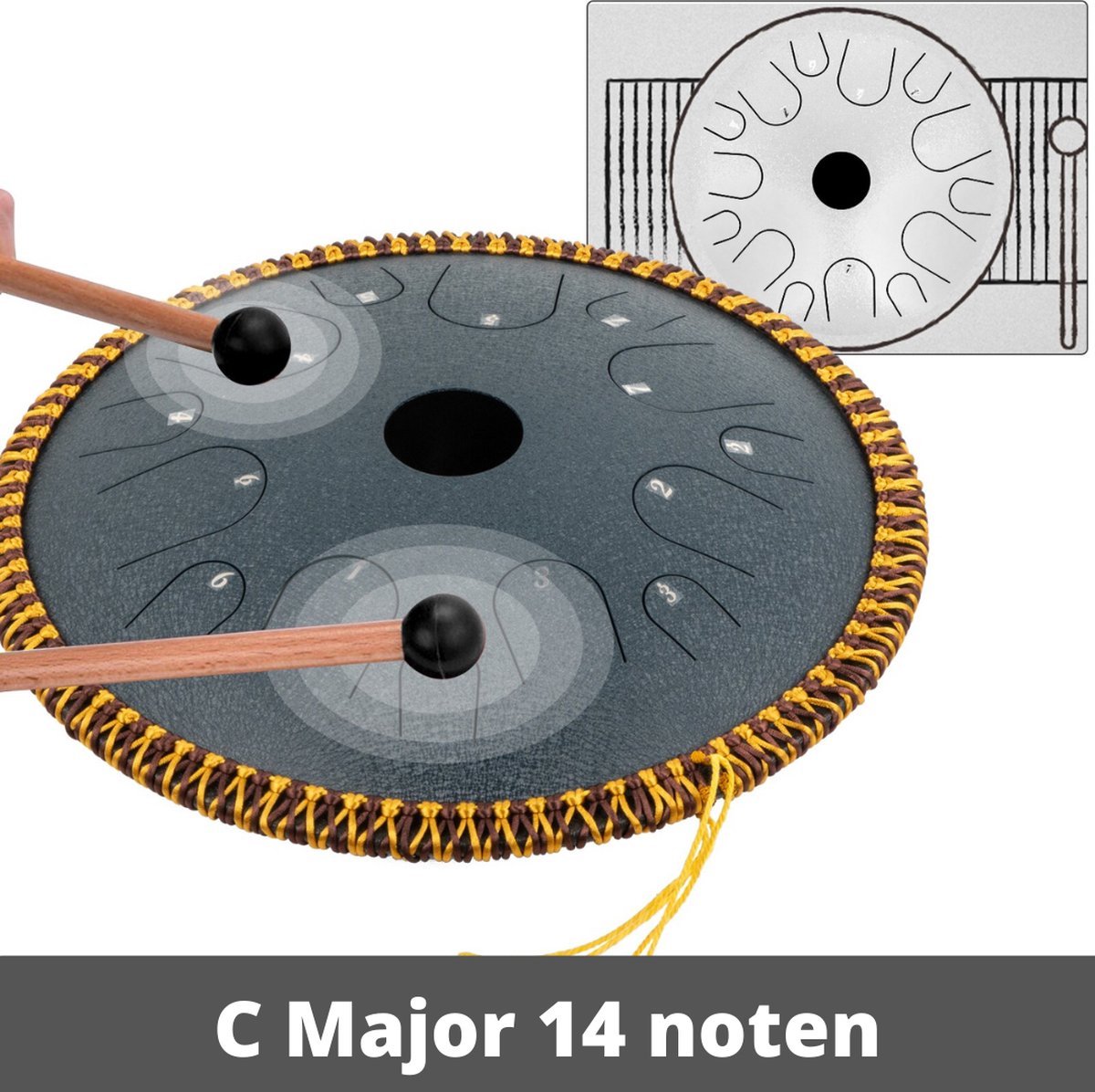 Happyment Stalen Tongdrum - Tongtrommel - Schijftrommel - Tong Drummer - Steel Tongue Drum - Klankschaal - Percussie Instrument - Handpan Drum met Accessoires - Groen - 14 Noten - 30 cm