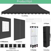 Paviljoen- Partytent - Tuin tent - Overkapping - Gazebo - Opvouwbare Partytent met Zijwanden - UV50+ Bescherming - Waterdicht & Stevig - Voor Tuinfeest & Buitengebruik - Zwart - 3x6m