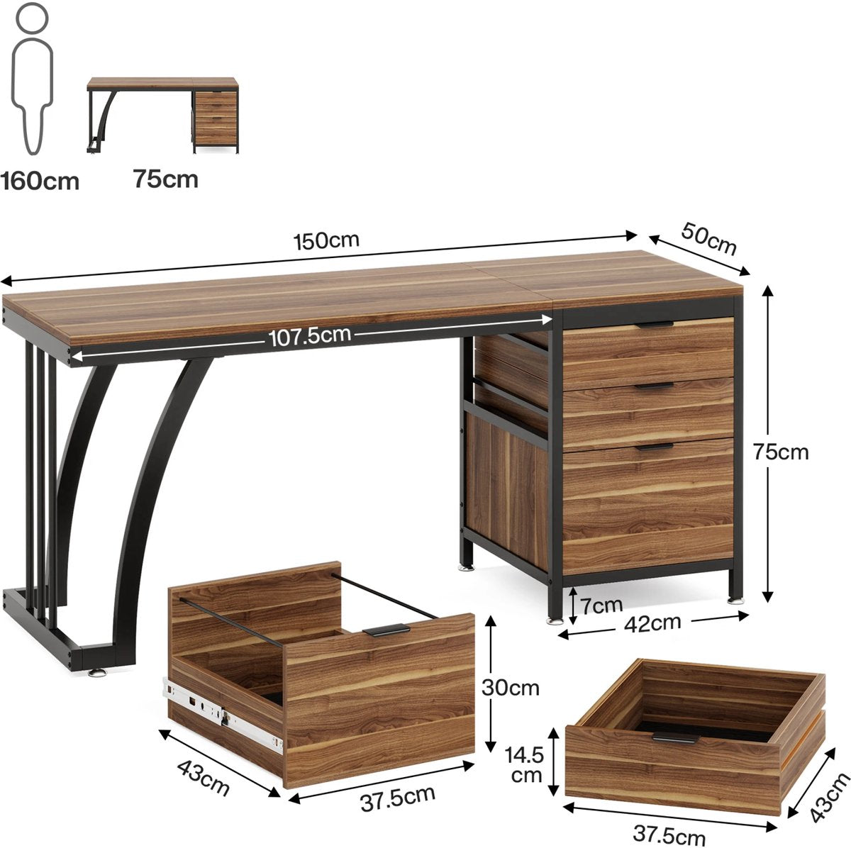 Computerbureau - Bureau met lades - Werktafel - Voor studeren of werken - 3 lades - Wit
