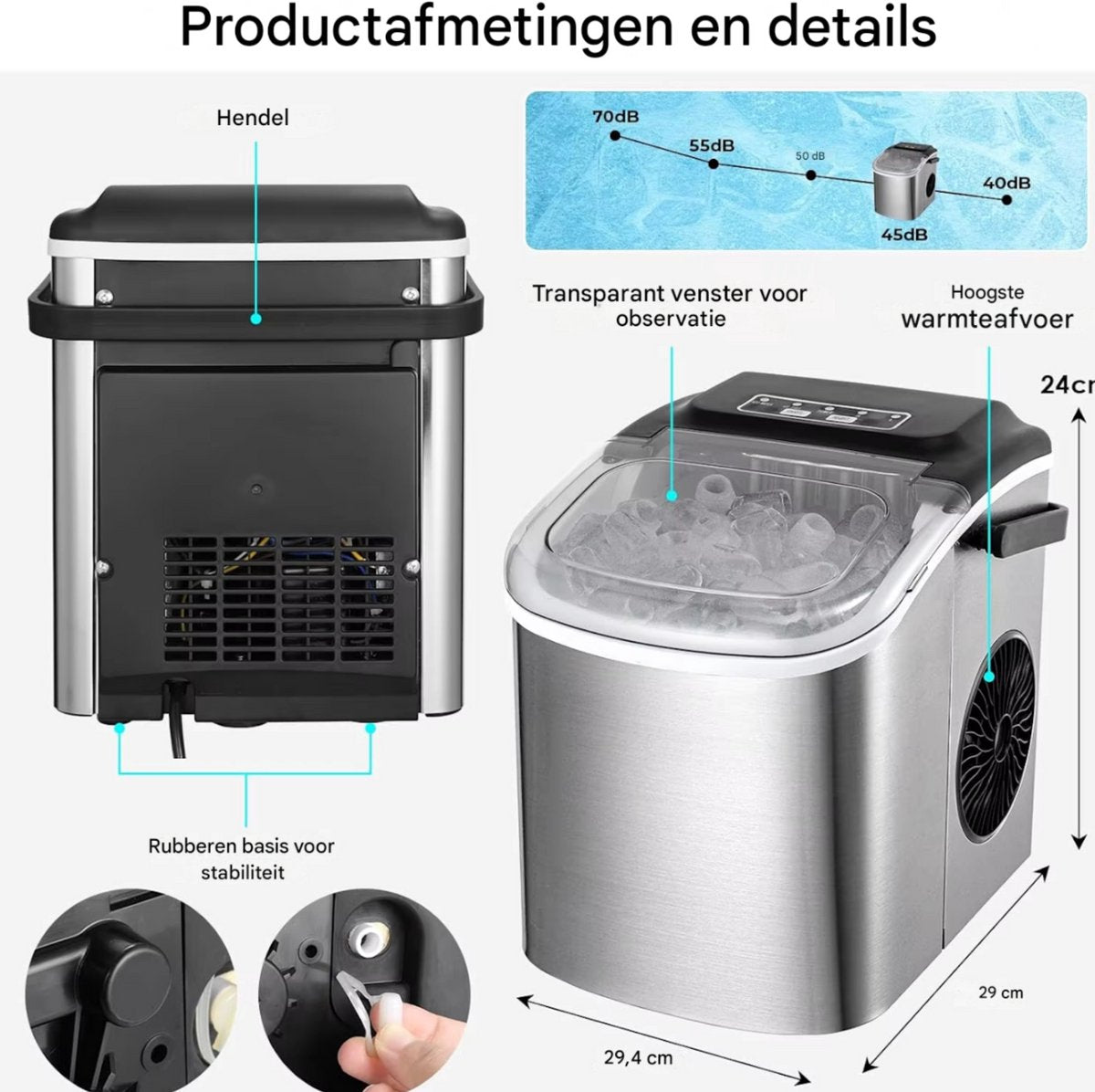 Ijsmachine - Aanrechtmodel - Voor snel ijs maken, 9 blokjes in 6 minuten - Zelfreinigende elektrische compacte drinkbare ijsmachine - 1,2 liter