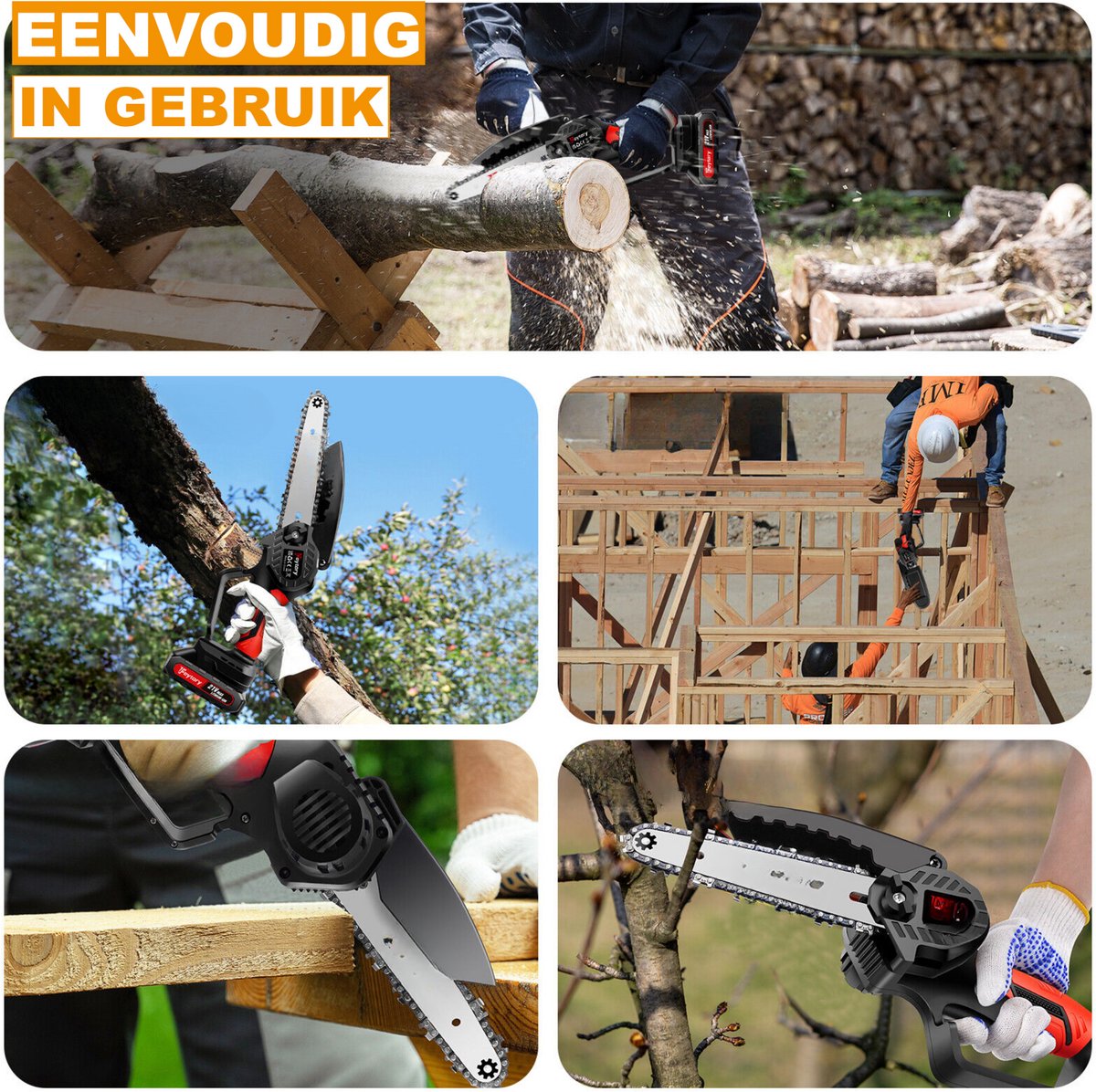 Mini Kettingzaag 15cm - Draadloze Elektrische Zaag - 21V Brusheloze Motor - 3000mAh Accu - Voor Hout & Tuinwerk