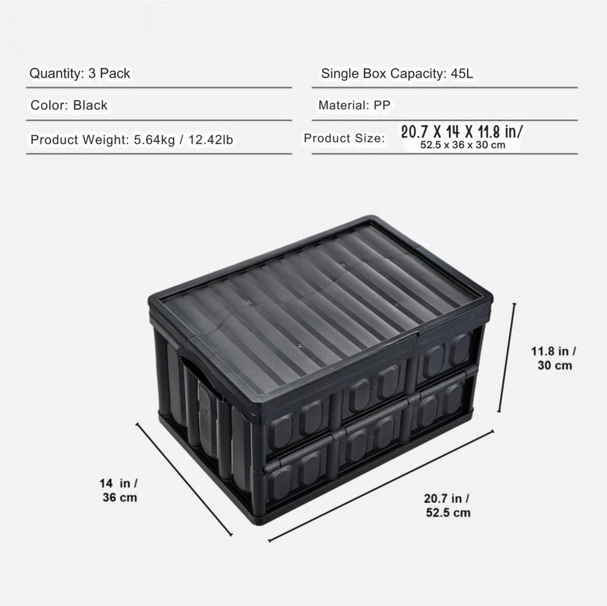 Opbergdoos met deksel - Set van 3 - Opbergbox 45L - PP Verhuisdozen - Opbergboxen - Opbergmanden kunststof