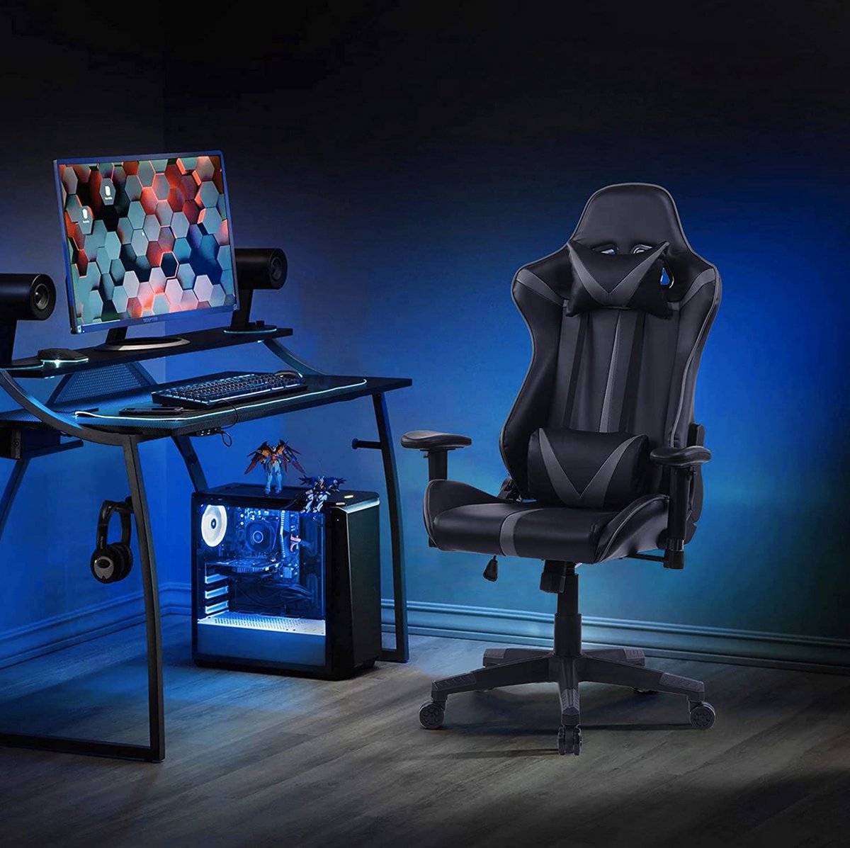 Happyment Gamestoel Bristol - Kunstleer - Met rugleuning en armleuning - In hoogte verstelbaar - Ergonomisch - Grijs/zwart