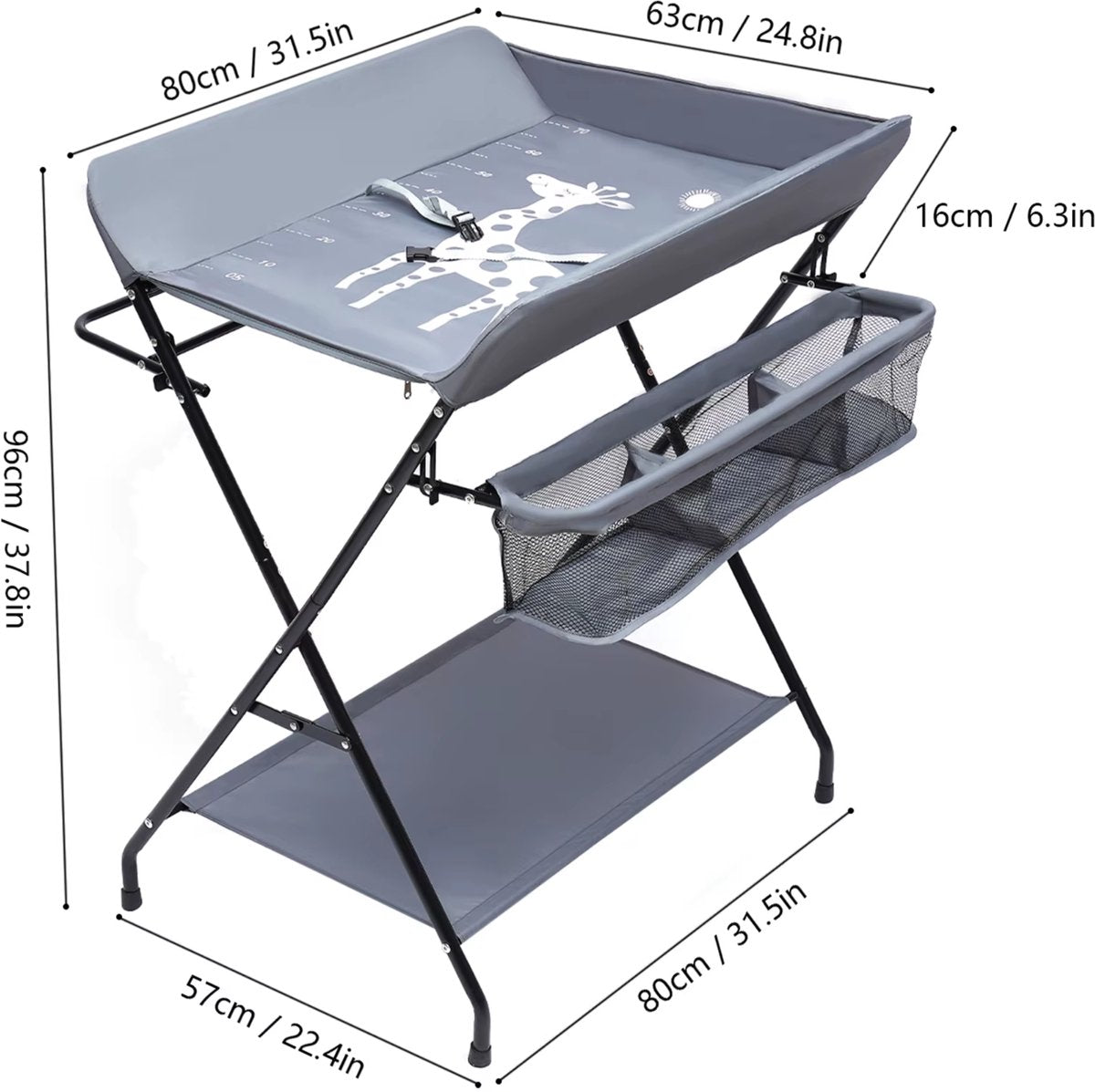 Babyverschoontafel – Verzorgingstafel - Opvouwbaar voor kinderkamer – Stabiel en veilig met opbergruimte – Max. draagvermogen 15 kg – Grijs - Zonder wielen