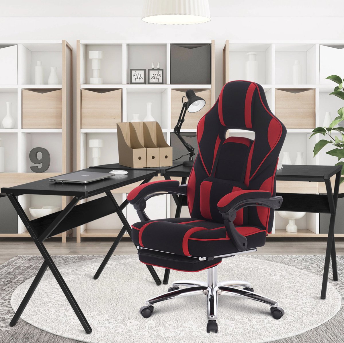 Happyment Gamestoel Paris - Rood - Met rugleuning en armleuning - In hoogte verstelbaar - Ergonomisch - Stof
