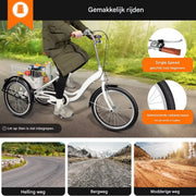 Opulence Driewieler - 6 versnellingen - Fiets voor volwassenen en senioren - 20 Inch - Verstelbaar - Met mand - Voorrem - Wit - 120KG