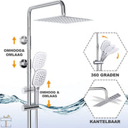 Happyment Douche - 3 standen - Regendouche & handdouche - Waterval - Massage straal - Doucheset met thermostaatkraan - Zilver - RVS