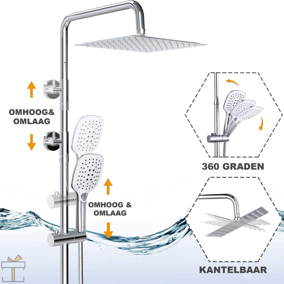 Happyment Douche - 3 standen - Regendouche & handdouche - Waterval - Massage straal - Doucheset met thermostaatkraan - Zilver - RVS