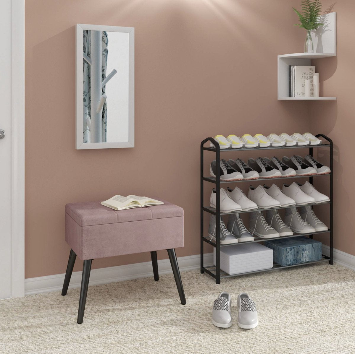 Happyment Zitbank Deca - Met opbergruimte - Opbergbank Poef - Opbergbox hocker - Zitkist met deskel - Roze - 50x35x45cm