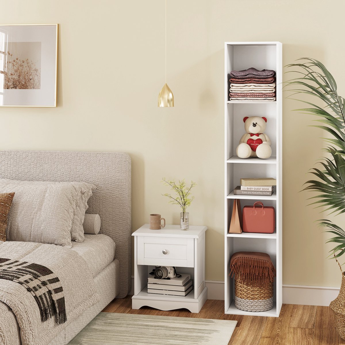 Happyment Boekenkast Kali - 5 Vakken - Wit - Boekenkast - Boekenrek - Woonkamer, slaapkamer en kinderkamer - Hout - 30 x 151 x 26 cm
