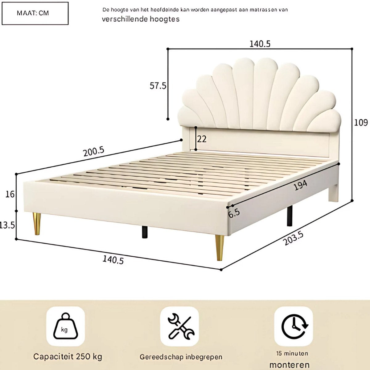 Eenpersoonsbed 140 x 200 cm - Voor meisjes - Met lattenbodem - Zonder matras - Twijfelaar - Beige