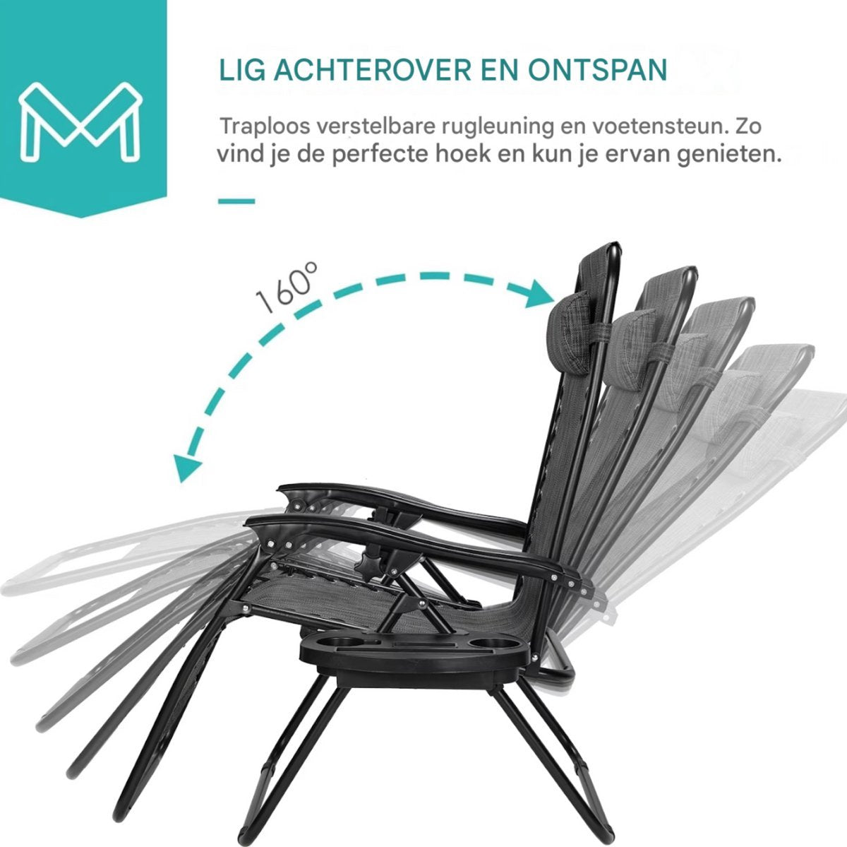 Opvouwbare stoel Valora verstelbare stalen gaas - Zero Gravity lounge stoel - Fauteuils met kussens en bekerhouder - Grijs - 2 stuks