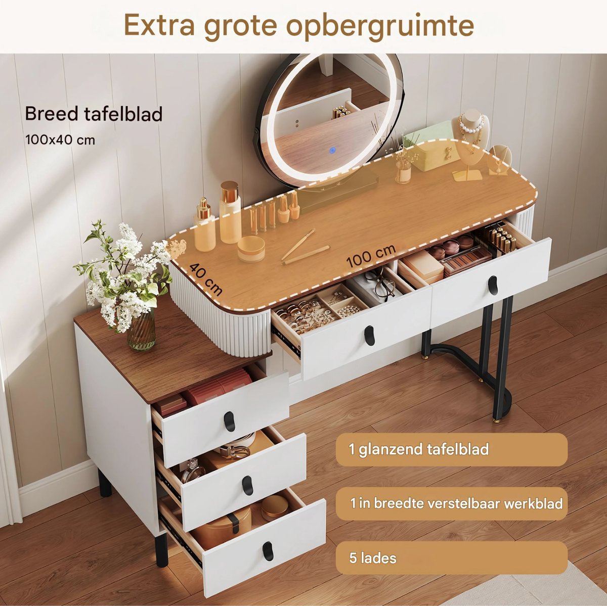 Kaptafel met LED-verlichting - Make-up tafel - Voor Slaapkamer - 3-delige Verstelbare Lichtintensiteit - Inclusief Mobiele Spiegel & Zijkast van