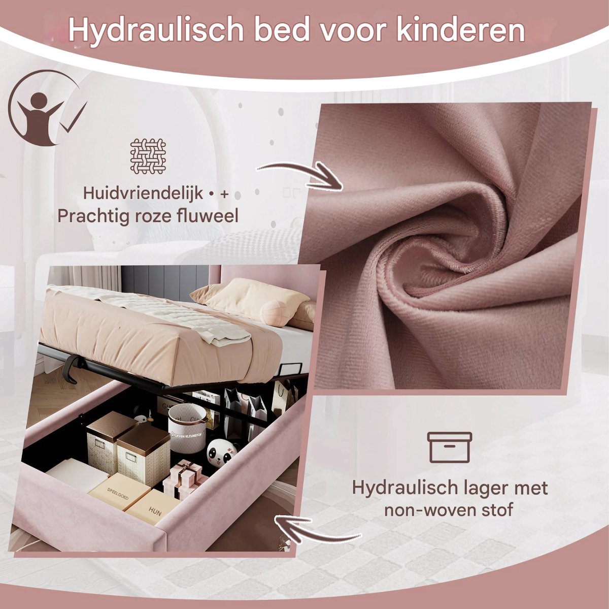 Kinderbed - Kinderbedden - Eenpersoonsbed - Voor Jongens & Meisjes - Eenpersoonsbed met Kosmisch Patroon - Roze Fluweel - Zonder Matras - 90x190