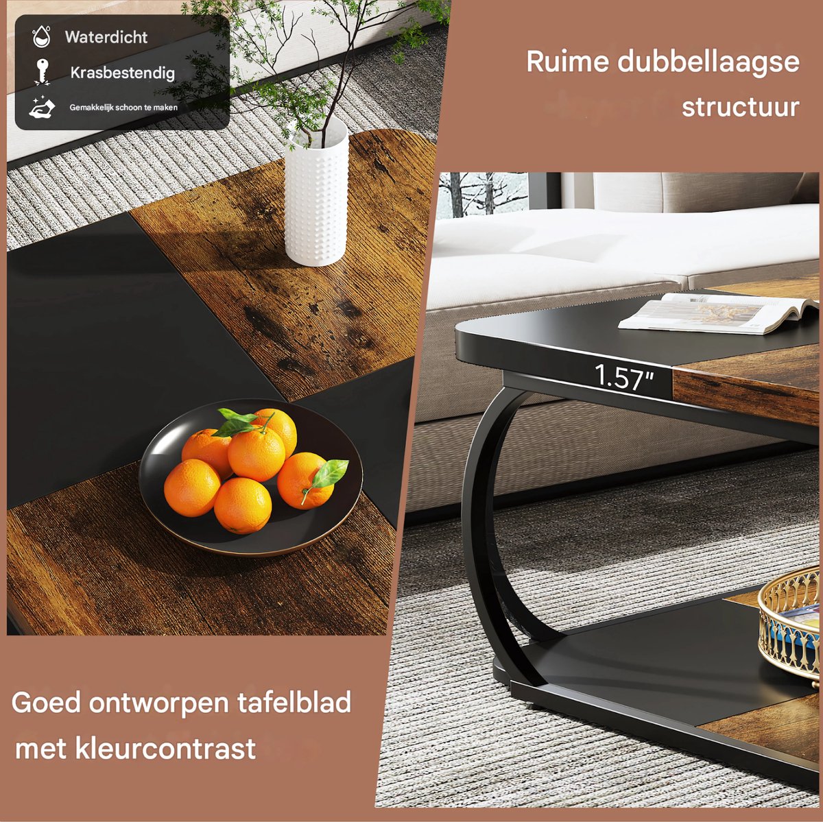 Salontafel Franciso - Koffietafel - Vierkant - 100cm - Retro - Opbergplank - Massief metalen onderstel