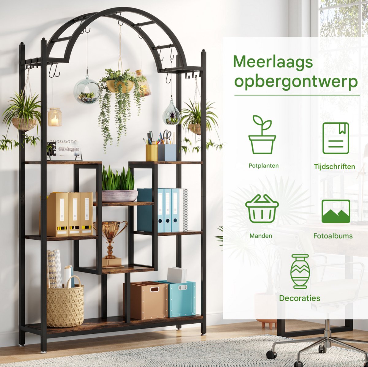 Plantenstandaard Vexal - 5 lagen - Gebogen Metalen Plantenrek - 190 cm hoog × 100 cm breed × 30 cm diep - Met Hangende Haken - Grote Bloemen