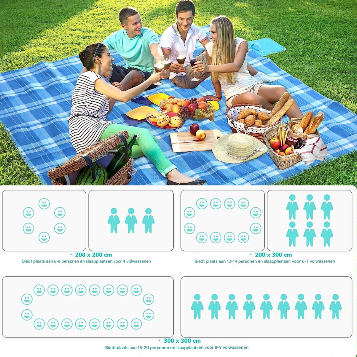 Picknickdeken - Picknickkleed - Strandlaken - Plaid - Voor Camping, Reizen & Outdoor Activiteiten - Waterdicht en Opvouwbaar met Handvat - Groot Formaat, Lichtgewicht - Blauw - 300x300cm