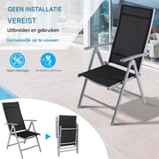 Tuinstoelen set van 2 - Verstelbare tuinstoel - Inklapbaar - Rugleuning - Thuis of camping - Aluminium - Belastbaar tot 120 kg - Zwart