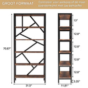 Staande Boekenkast met 5 Lagen - Voor Woonkamer, kantoor of slaapkamer - Boekenplank - Opbergrek - Bruin