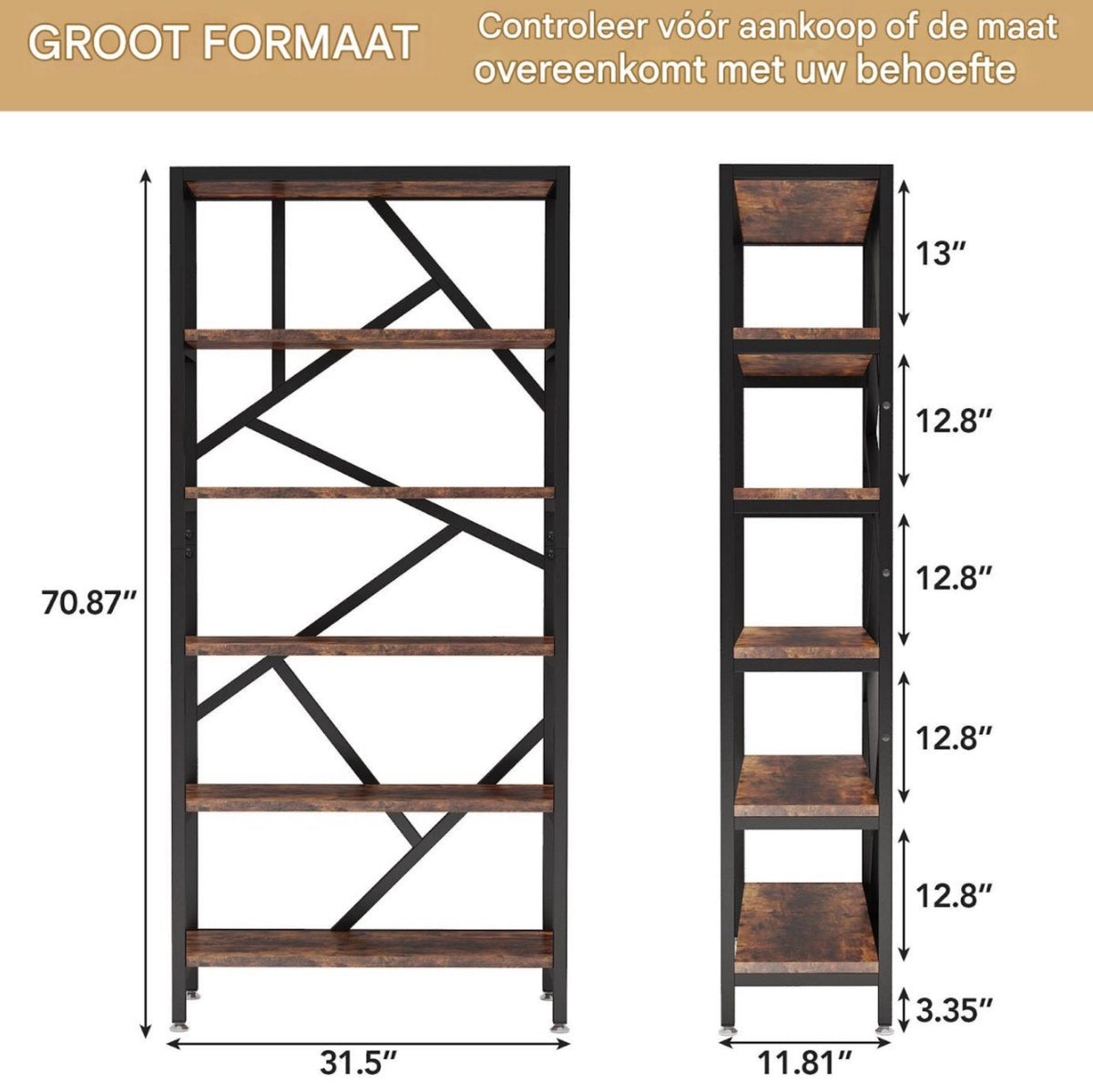 Staande Boekenkast met 5 Lagen - Voor Woonkamer, kantoor of slaapkamer - Boekenplank - Opbergrek - Bruin