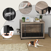 Houten Hondenbenche - Hondenren - Hondenkrat Bijzettafel met Afneembare Kommen en Dienblad - Dubbele Deuren Hondenkennel voor Middelgrote Honden Binnen - 99 x 63 x 75 cm - Grijs