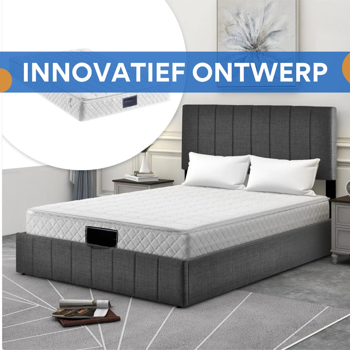 Bed - Tweepersoonsbedden - Tweepersoonsbed - Twijfelaar - Voor Slaapkamer - Met Hoofdeinde, Lattenbodem & Metalen Frame - Opbergruimte onder Matras - Grijs - 140x200 cm