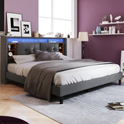 Bed - Tweepersoonsbedden - Tweepersoonsbed - Voor Slaapkamer - Met Opbergruimte, Hoofdeinde met USB-oplaadpunt & LED-verlichting - Bedrek & Houten Lattenbodem - Donkergrijs - 160x200 cm