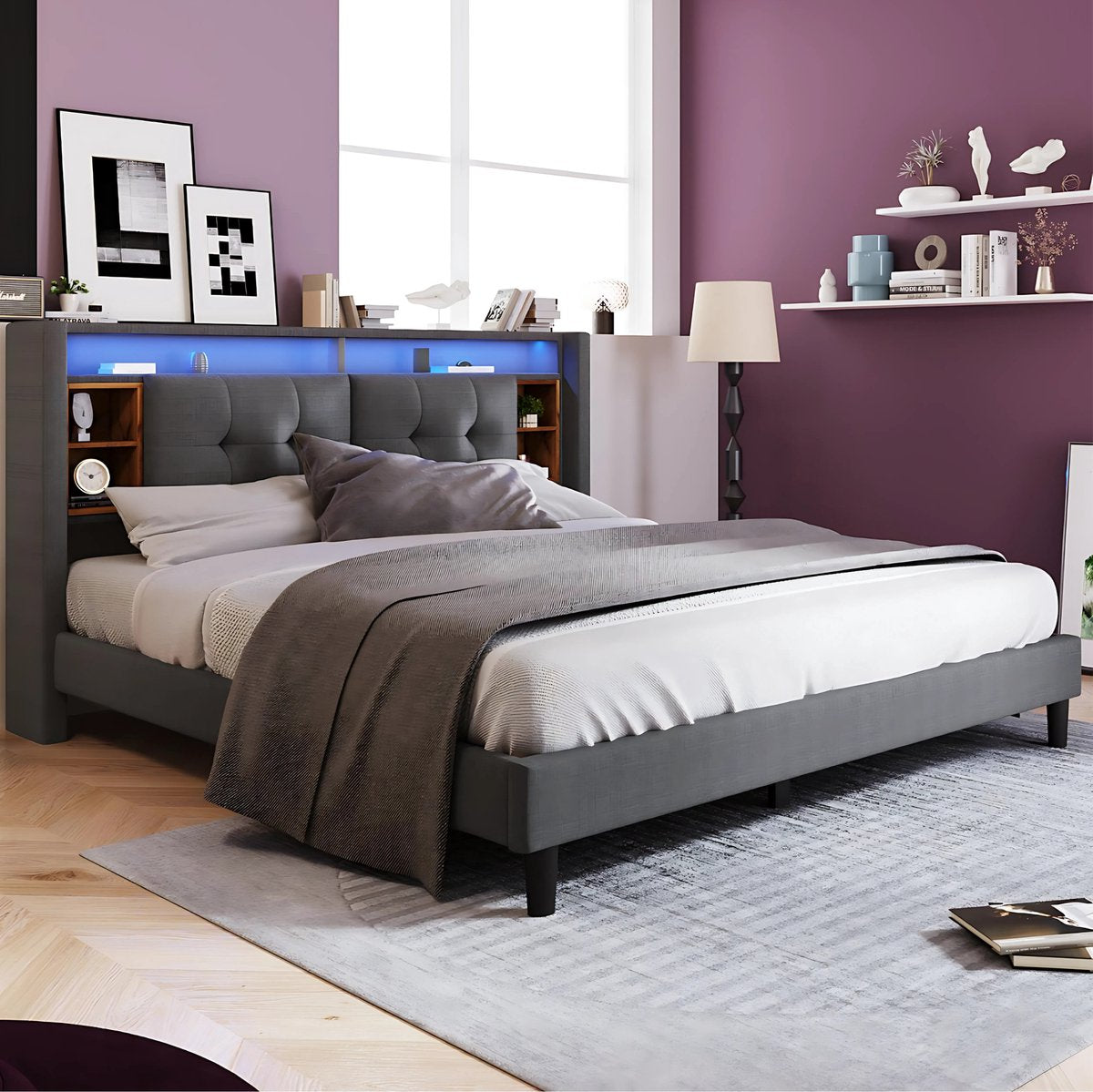 Bed - Tweepersoonsbedden - Tweepersoonsbed - Voor Slaapkamer - Met Opbergruimte, Hoofdeinde met USB-oplaadpunt & LED-verlichting - Bedrek & Houten Lattenbodem - Donkergrijs - 160x200 cm