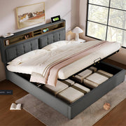 Bed - Tweepersoonsbedden - Tweepersoonsbed - Twijfelaar - Voor Jeugdkamer of Slaapkamer - Met USB-C Oplaadfunctie & Hoofdeinde - Lattenbodem & Opbergruimte voor Beddengoed - 140x200cm