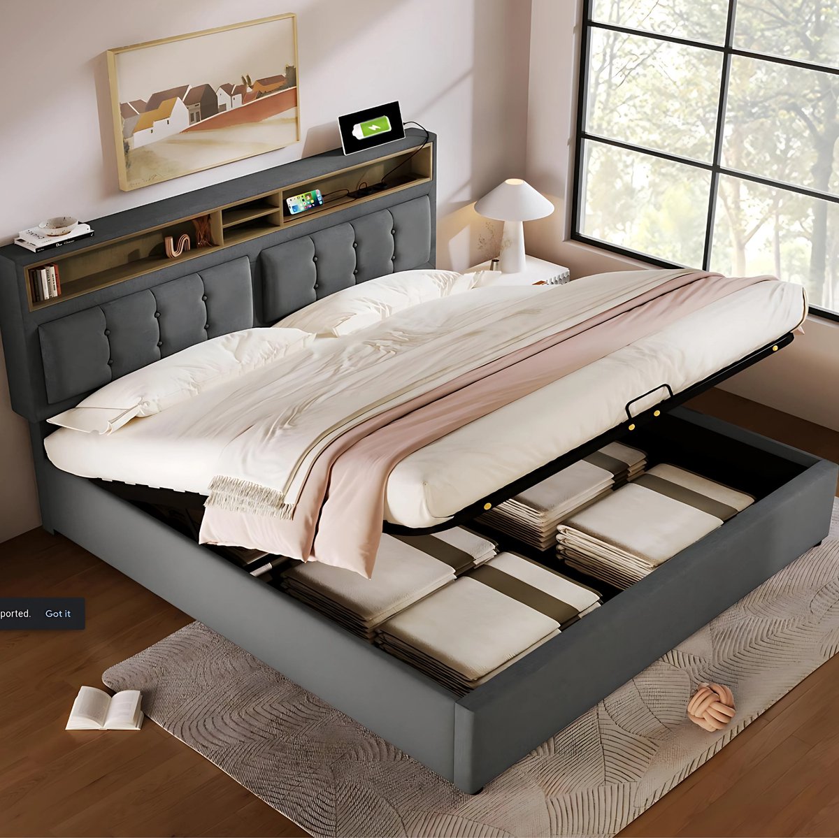 Bed - Tweepersoonsbedden - Tweepersoonsbed - Twijfelaar - Voor Jeugdkamer of Slaapkamer - Met USB-C Oplaadfunctie & Hoofdeinde - Lattenbodem & Opbergruimte voor Beddengoed - 140x200cm