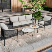 Tuinmeubelset - Loungeset - Tuinlounge Lounge Set - 3-zits Sofa met Fauteuils & Banktafels - Handgevlochten Touw & Marmeren Glasplaat - Grijs Stalen Frame