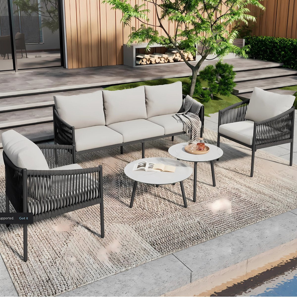 Tuinmeubelset - Loungeset - Tuinlounge Lounge Set - 3-zits Sofa met Fauteuils & Banktafels - Handgevlochten Touw & Marmeren Glasplaat - Grijs Stalen Frame