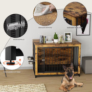 Houten Hondenbenche - Hondenren - Hondenkrat Bijzettafel met Afneembare Kommen en Dienblad - Dubbele Deuren Hondenkennel voor Middelgrote Honden Binnen - 112 x 73 x 78 cm - Bruin