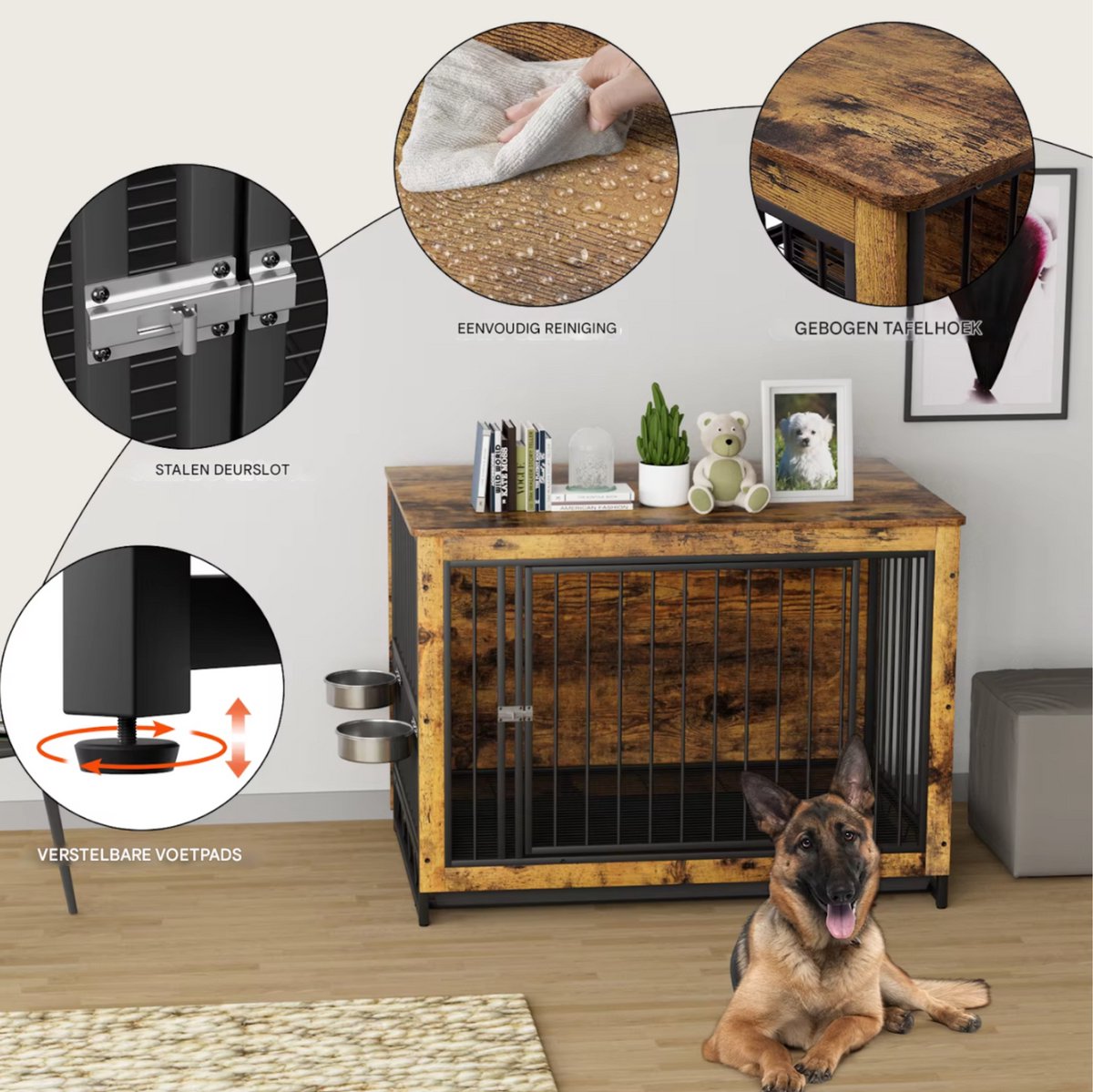Houten Hondenbenche - Hondenren - Hondenkrat Bijzettafel met Afneembare Kommen en Dienblad - Dubbele Deuren Hondenkennel voor Middelgrote Honden Binnen - 112 x 73 x 78 cm - Bruin