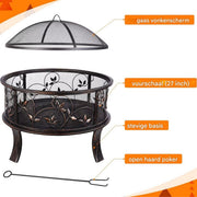 Vuurkorf Valora met vonkenbeschermer - Tuinbarbecue - Vuurschaal - Terrashaard - Rookbarbecue - Voor Buiten BBQ - Voor tuin, terras en winterverwarming - Retro tuinhaard inclusief poker- en houtskoolrooster - Ø71 cm