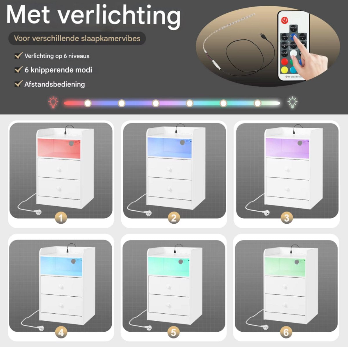 Nachtkast met RGB lichten - Wit - Slaapkamer - Met ingebouwde usb oplaadpoorten