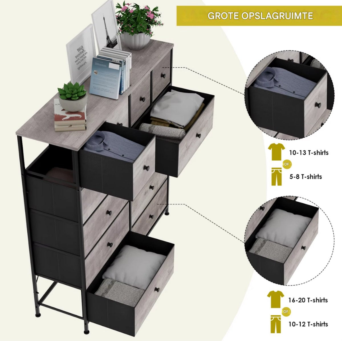 Dressoir kast - Grijs - voor Woonkamer of slaapkamer met 12 Lades - Stof en stalen frame - Ladekast - Opbergkast
