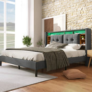 Bed - Tweepersoonsbedden - Tweepersoonsbed - Voor Slaapkamer - Met Opbergruimte, Hoofdeinde met USB-oplaadpunt & LED-verlichting - Bedrek & Houten Lattenbodem - Donkergrijs - 160x200 cm