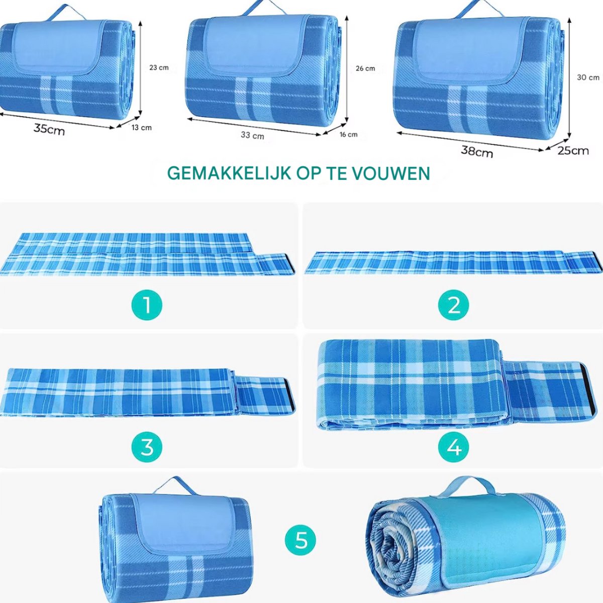 Picknickdeken - Picknickkleed - Strandlaken - Plaid - Voor Camping, Reizen & Outdoor Activiteiten - Waterdicht en Opvouwbaar met Handvat - Groot Formaat, Lichtgewicht - Blauw - 200x200cm