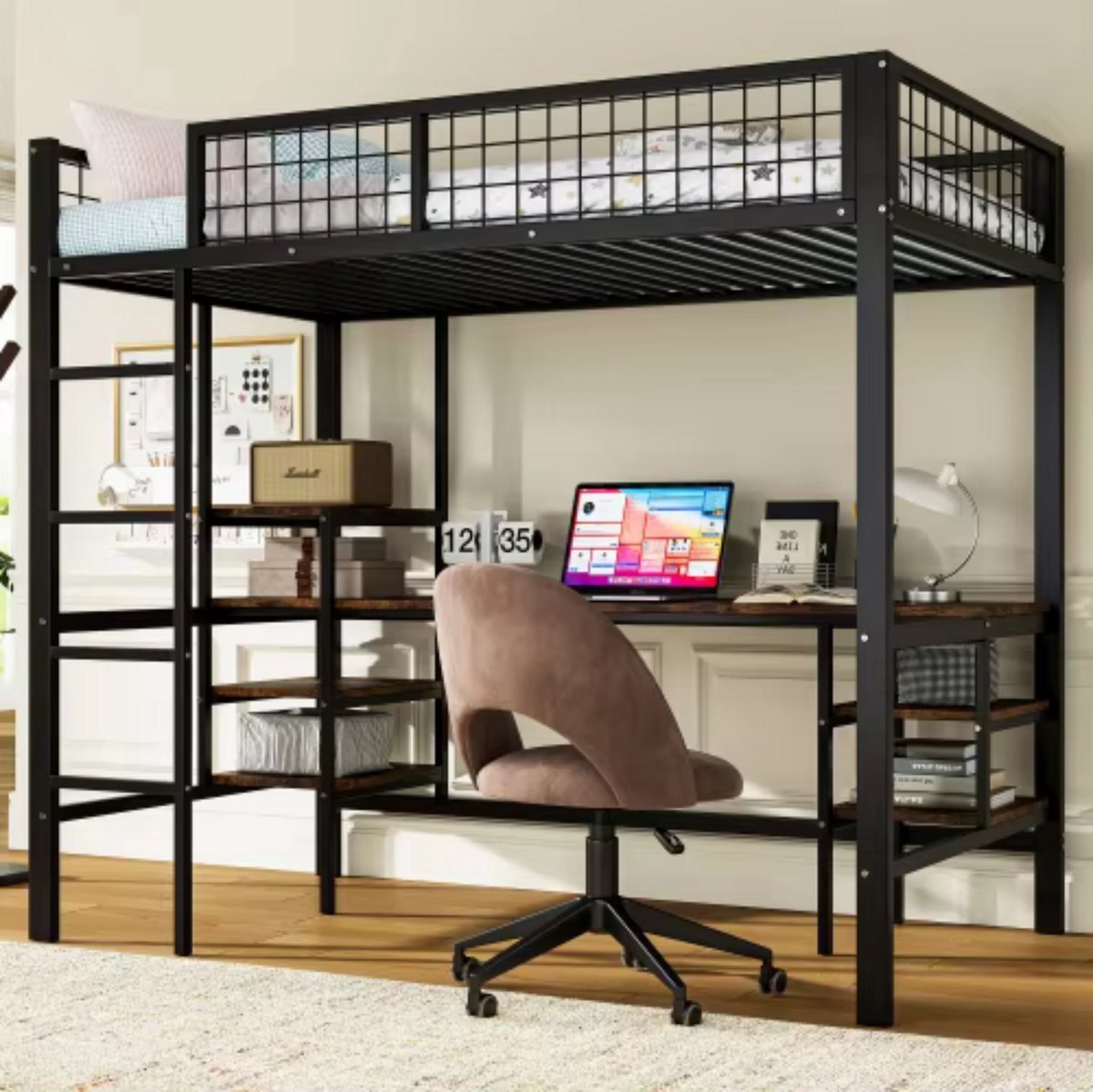 Hoogslaper Retro Valora - Luxe hoogslaper voor kinderen - 90x200 cm - Met bureau - Kinderbed - Stapelbed - Met Hoektrap, valbeveiliging en raam - Peuterbed
