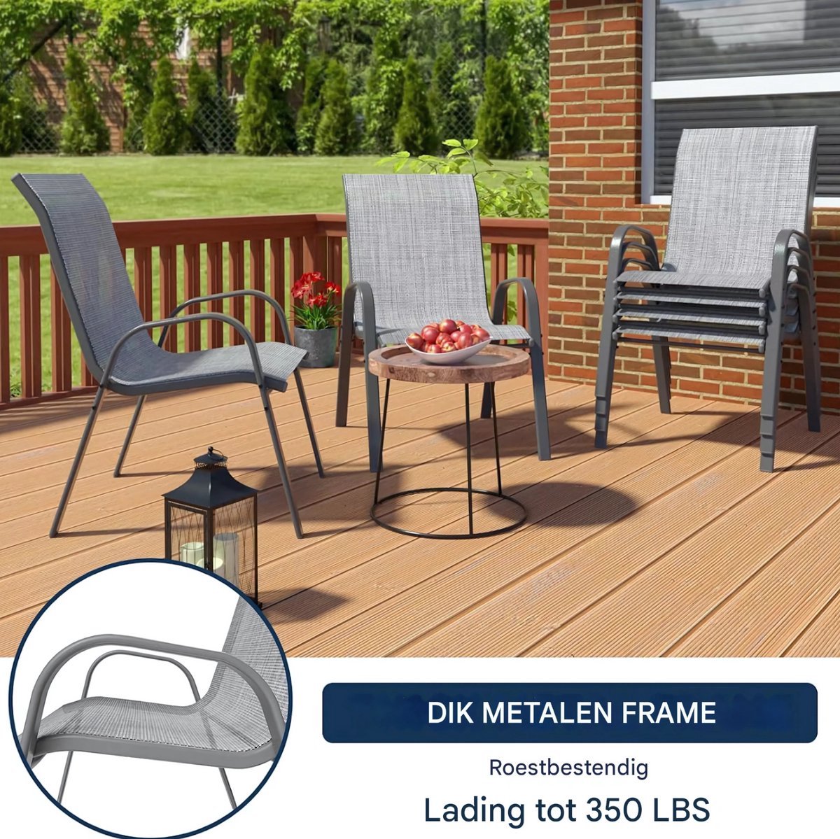 Tuinstoelen Fioren voor Buiten - Tuinstoelen met Teslin-stof Flex Comfort Materiaal en Staal-Ijzeren Frame, Hoge Rugleuning - Grijs - 6 stuks