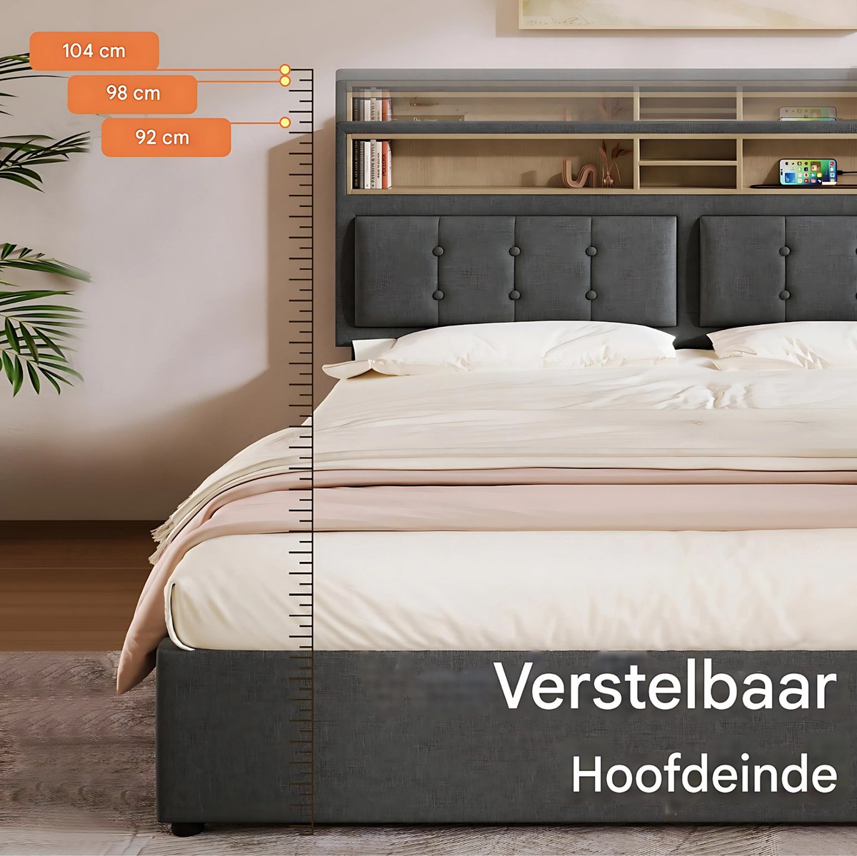 Bed - Tweepersoonsbedden - Tweepersoonsbed - Twijfelaar - Voor Jeugdkamer of Slaapkamer - Met USB-C Oplaadfunctie & Hoofdeinde - Lattenbodem & Opbergruimte voor Beddengoed - 140x200cm