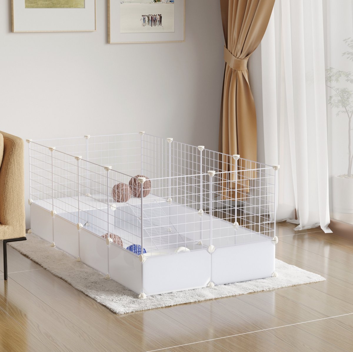 Happyment Knaagdierenren Ziva - Ren hoog - Verstelbaar - Voor binnen - Kattenren - Dierenren - Puppyren - Kleine dieren - Kittens - Wit - 142x53x71 cm