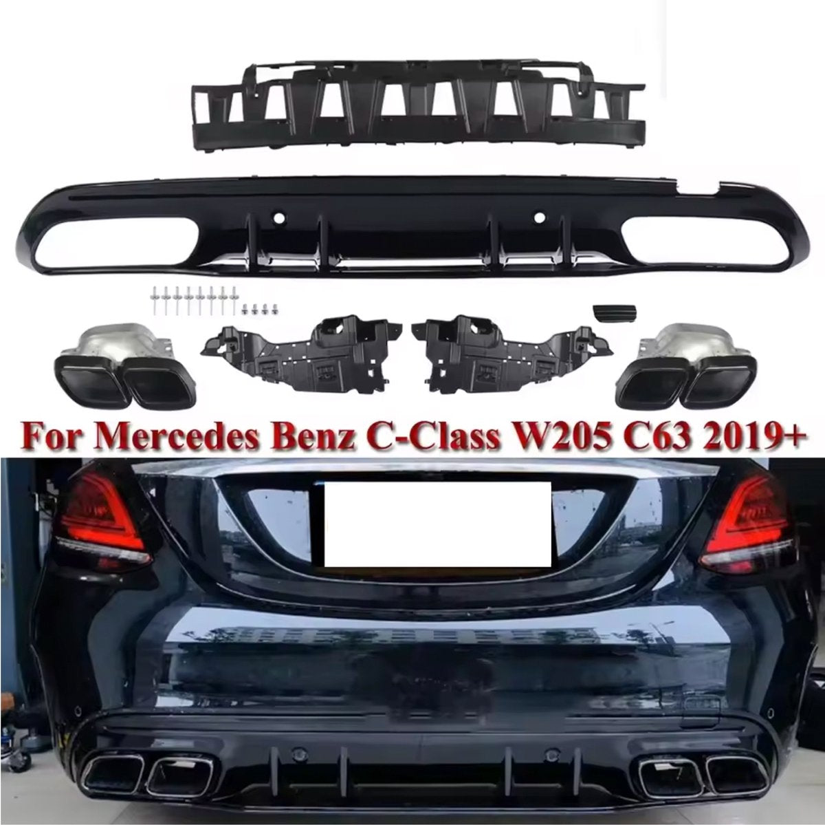 Achterbumper Diffuser Uitlaat Set - Voor Mercedes W205 AMG (2015-2021) - C63 Look - Zwart - Auto Accessoires