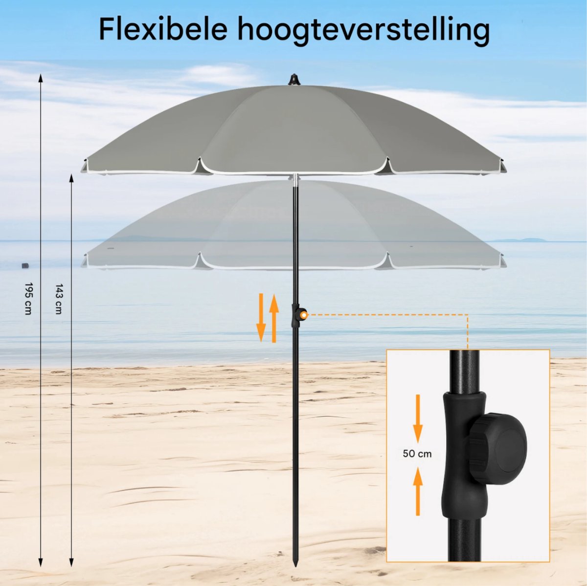 Ronde Parasol - Voor Balkon, Strand of Tuin - Verstelbaar & 45° Kantelbaar - UV-Resistent & Waterdicht - Dark Grey 155cm